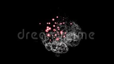用<strong>红色</strong>bokeh<strong>颗粒</strong>抽象旋转人脑，显示感染部位。